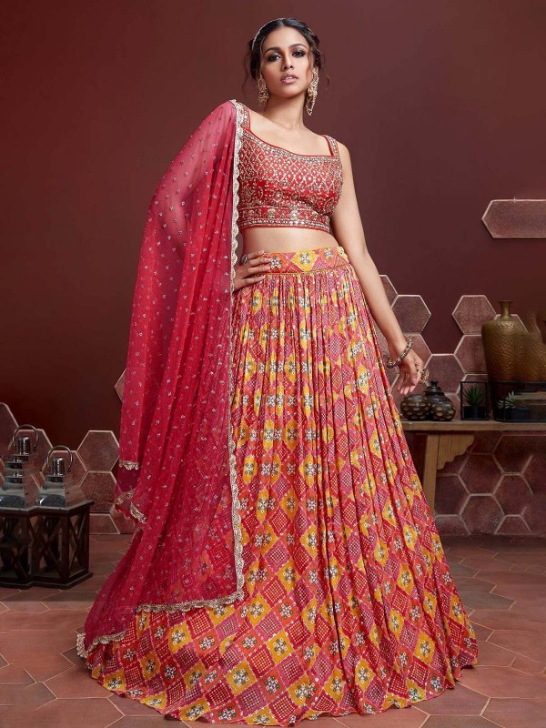 Red Chinon Silk Lehenga Choli